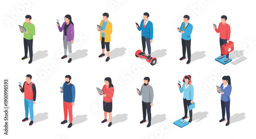 Diverse Isometric People Using Mobile Devices and Tablets for Business and Lifestyle Activities.
