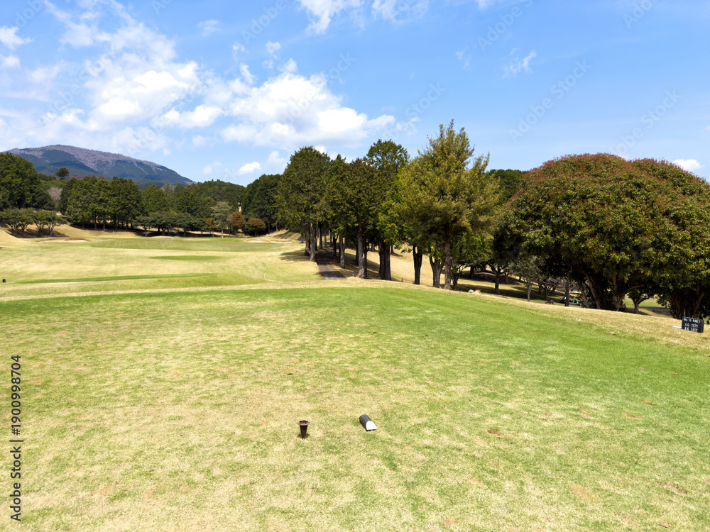 Obraz premium 青空と芝生が美しい広大なゴルフ場のコース