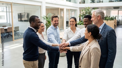 Wallpaper Mural Multiethnic group of happy professionals join hands centrally during a motivational huddle within a modern corporate atrium space. Torontodigital.ca