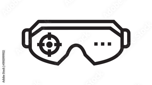 Goggles virtual reality headset icon with target crosshair HUD and minimal black outline design, futuristic cyber tech symbol isolated on white background