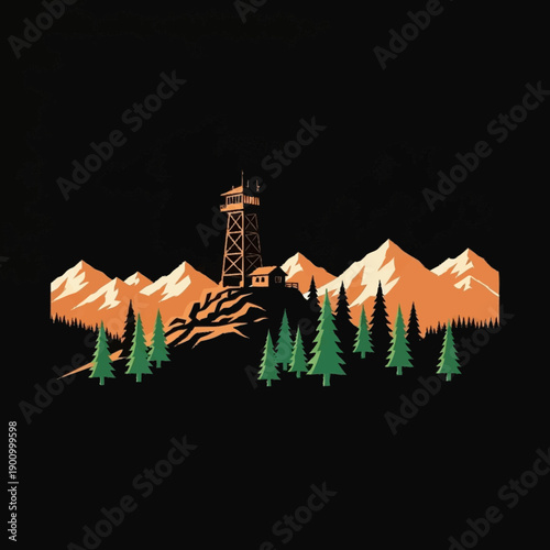Fire Lookout Tower Amidst Majestic Mountains and Pine Forests.