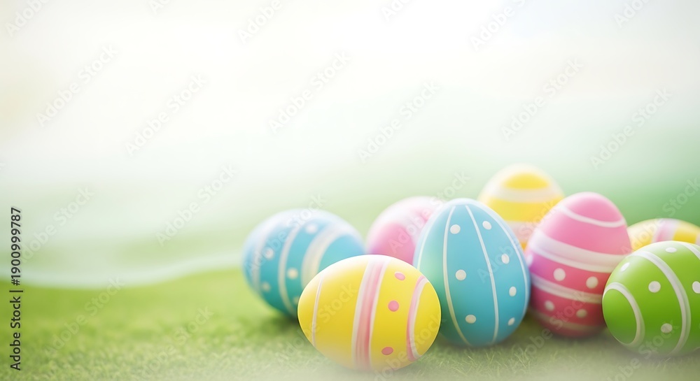 Fototapeta premium A vibrant collection of colorful decorated Easter eggs rests on green grass.