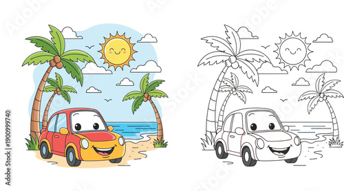 Cute cartoon car on the beach coloring book page with colored example vector illustration of summer vacation, palm trees and smiling sun for kids.