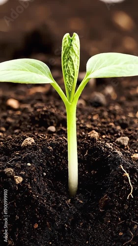 Young plant seedling growing from dark soil in time lapse.