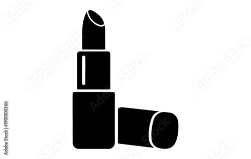 Black silhouette lipstick in open case with cap beside beauty cosmetic makeup icon isolated simple vector illustration