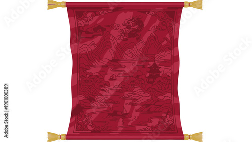 Red Banner with Golden Tassels and Floral Pattern