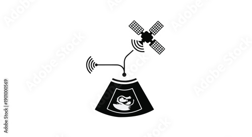 Satellite dish antenna with satellite in space, communication technology, signal transmission, black and white illustration