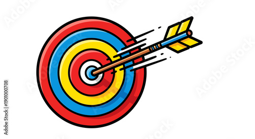 An arrow hitting the center of a colorful target illustration from a direct viewpoint