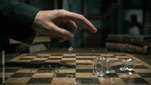 Ai risk strategy controls decision on chess board with glass king falling under human hand amid shattered pieces in dramatic defeat