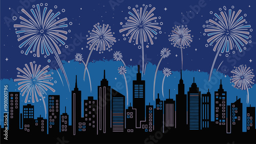 Nighttime City Skyline with Fireworks Display