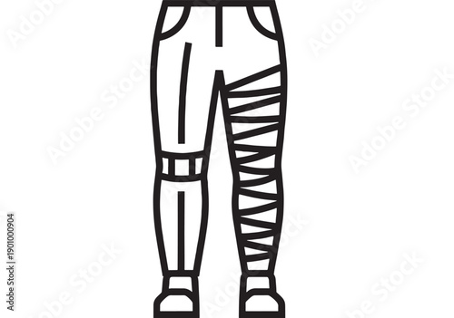 Legs injured with bandage wrap and knee brace icon, black outline medical rehabilitation symbol for trauma, fracture, sprain treatment and recovery isolated