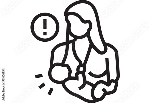 Mother breastfeeding baby icon with exclamation alert symbol, simple black outline line art pictogram for infant care, lactation support, parenting safety and healthcare info