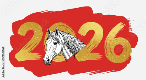 2026 year of the horse celebration with gold and red brushstroke design