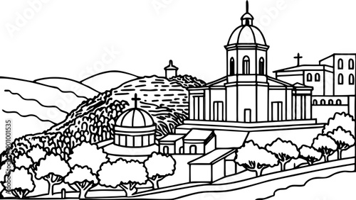 Very beautiful wide panorama of Oran with Santa Cruz Chapel dominating the hillside, overlooking dense urban neighborhoods and the Mediterranean coastline of western Algeria.