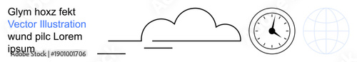 Cloud computing, time management, global connectivity, digital communication, workflow optimization, data sharing. Minimal line art of a cloud, clock and globe. Cloud computing and time management