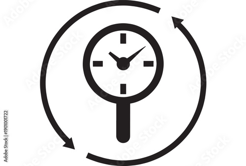 Clock refresh icon with circular arrows around time symbol, minimal black and white vector pictogram for update, reload, schedule, deadline, reminder, and sync apps