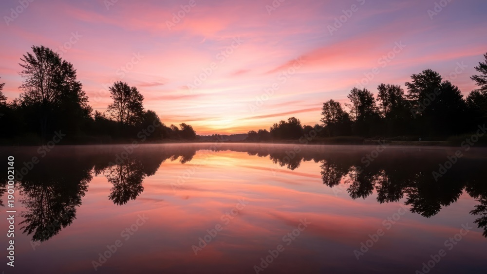 Obraz premium Tranquil lake reflection against a colorful sunset sky