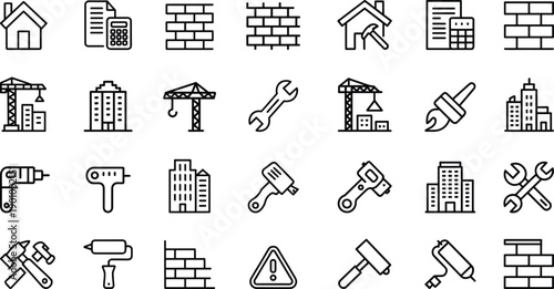 Construction line icons set, building tools, architecture elements, repair equipment, cranes, houses, engineering symbols, outline vector design isolated background