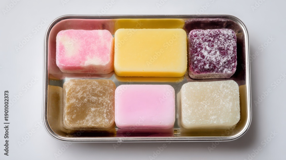 Fototapeta premium Colorful assortment of ice cream bars in a metal tray