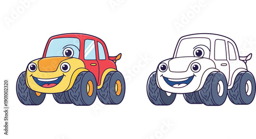 Cute cartoon monster truck character vector illustration. Funny red car coloring book page for kids. Isolated colorful and outline vehicle mascot on white background.
