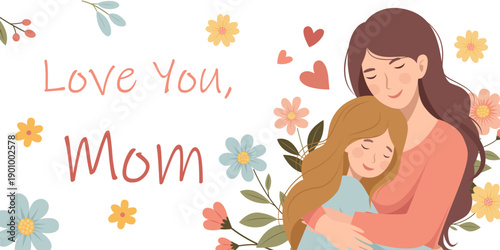 An illustration of a mother hugging her daughter. Mother's Day. The image conveys warmth and love, emphasizing the bond between mother and child.