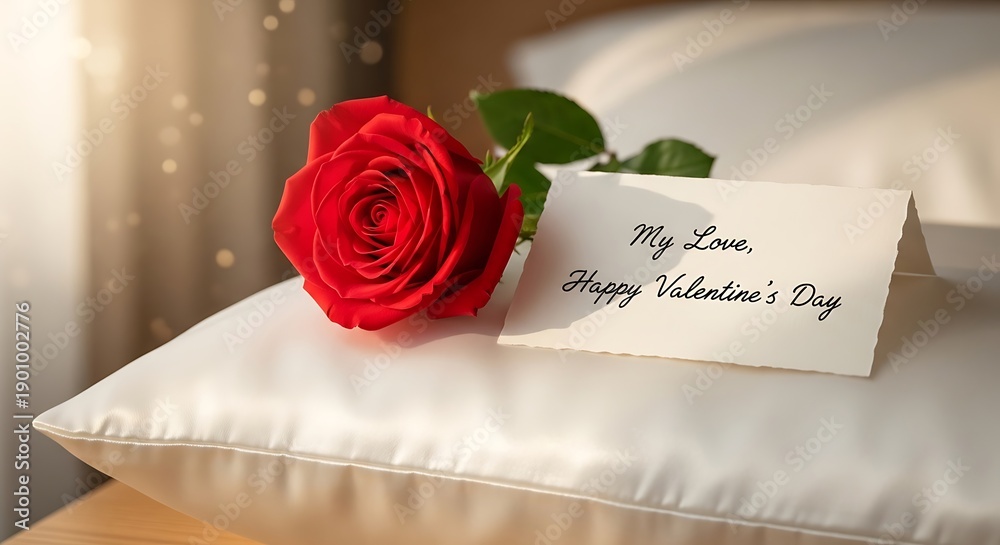 Fototapeta premium A romantic Valentine's Day setup with a red rose and a heartfelt note on a white pillow