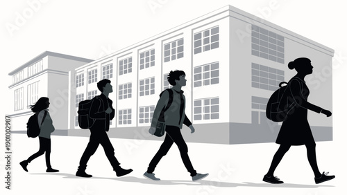 Students walking with backpacks to school building in silhouette. Black silhouette illustration of children walking to primary or high school for education concept.. 
