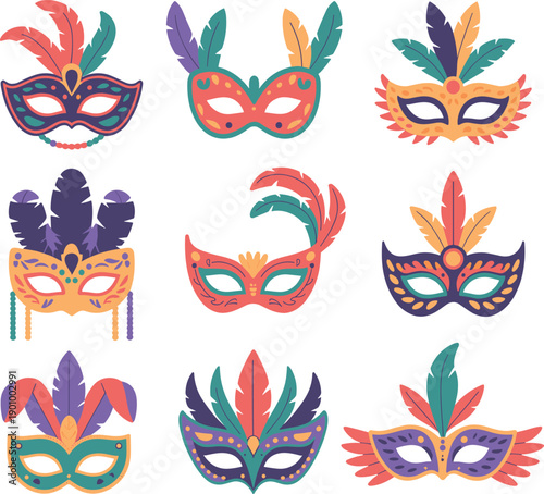 Colorful carnival masquerade masks collection with feathers, decorative patterns, festive party accessories, vector illustration set for Mardi Gras, costume design, celebrations, and theatrical events