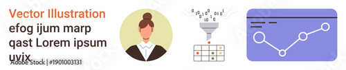 Data analysis, business management, marketing analytics, workflow optimization, data visualization, project performance tracking. Female avatar, data funnel and graph illustration. Data analysis