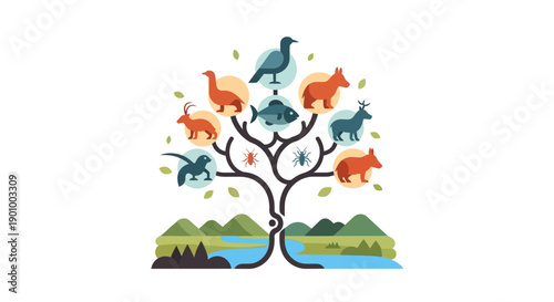 Illustration of Charles Darwin's evolution concept with a tree of life and various animals, symbolizing natural selection and species adaptation in a natural setting.