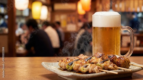 Grilled chicken yakitori skewers with steaming glaze served beside a cold draft beer in a cozy Japanese izakaya bar with warm lights and social atmosphere.