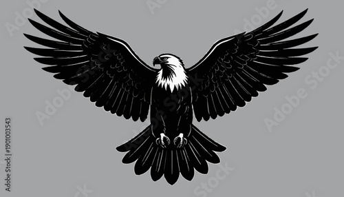 Stylized bald eagle with wings fully spread, black-and-white feather detail, white head, hooked beak. Symmetrical design on gray background, symbolizing strength, freedom, and majesty.