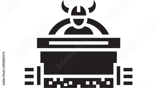 Viking warrior at computer icon with horned helmet and monitor, black solid glyph silhouette for cybersecurity, hacker, gamer, IT admin, minimal vector sign