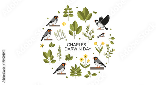Illustration of Charles Darwin Day with a circular composition of Galapagos finches, leaves, and flowers, conveying evolutionary theory and natural selection concepts in a colorful,