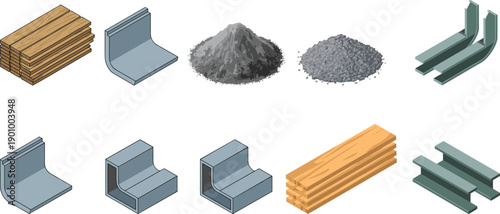 Construction materials isometric illustration, lumber planks, concrete corner blocks, steel sections, sand and gravel aggregates, building supplies vector set