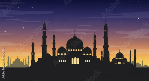 Mosque Silhouette at Sunset with Minarets and Dome against Starry Sky