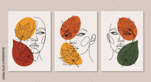 Abstract minimalist portraits with autumn leaves and organic shapes