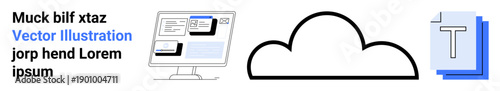 Technology, data management, cloud storage, digital documents, online services, productivity tools. Computer screen, cloud icon and documents. Technology and data management concept