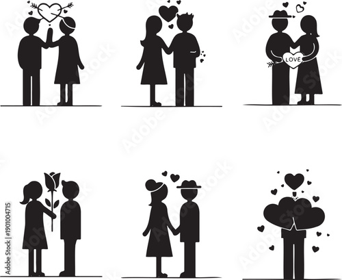 Black and white silhouettes of couples celebrating love and romantic gestures in various styles