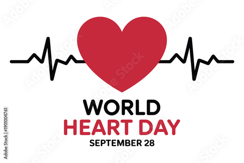 World Heart Day September 28th with Red Heart and ECG Line - Stock Media