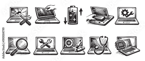 Hand-drawn style illustration depicting various computer repair and maintenance steps. Ideal for blog posts, articles, or instructional materials related to IT services.