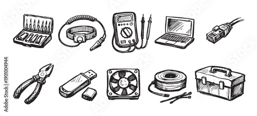 Illustrated set of electronics repair tools. Includes computer, multimeter, tools, and components. Perfect for illustrating blog posts, articles, or manuals.