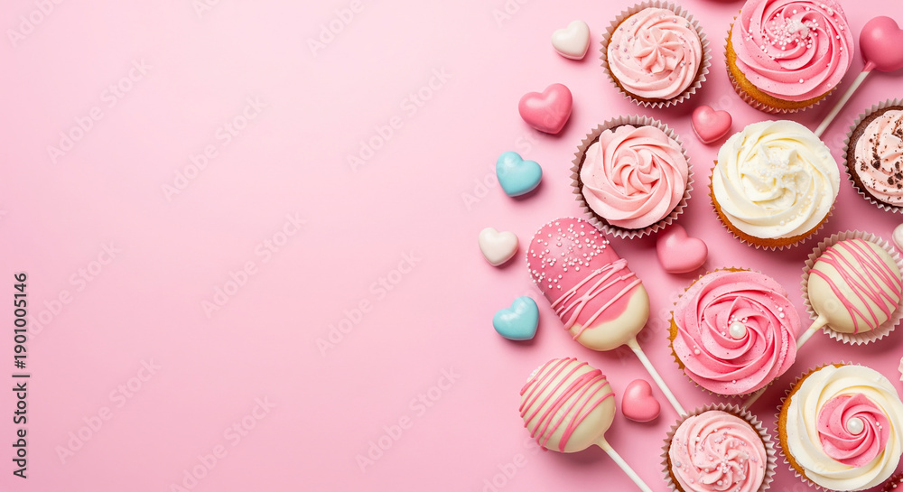 Obraz premium Cupcakes, cake pops and heart candies on a pink background, high angle view with copy space for Valentine Day celebration