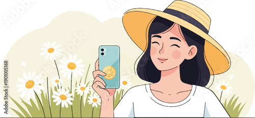 A woman in a straw hat takes a selfie with daisies and a smartphone