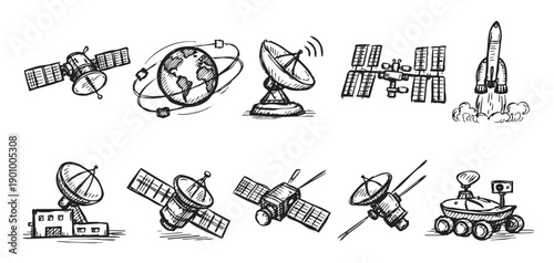 Hand-drawn doodle set featuring space exploration elements like satellites, rockets, Earth, and rovers. Vector illustration for education, science, technology projects, and creative design.