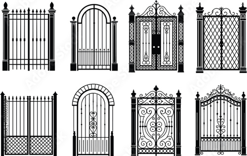 Decorative wrought iron gate silhouettes, ornate entrance and garden fence designs, vintage metal driveway gates, elegant architectural vector collection isolated