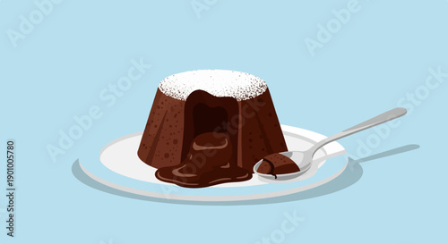 A warm chocolate lava cake with powdered sugar and a spoon