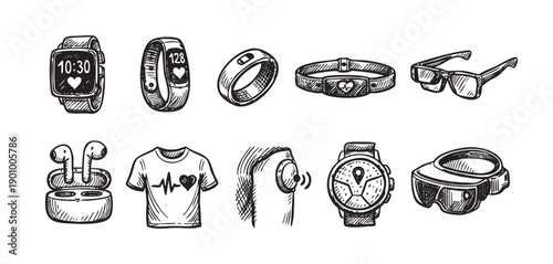 Hand-drawn sketch of fitness trackers, wearables, and health technology. Perfect for illustrating health, fitness, technology, and active lifestyles in a unique style.