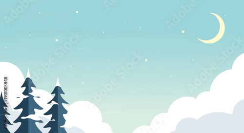 A stylized winter night scene with snow-capped trees under a crescent moon