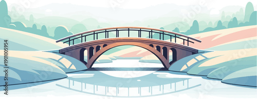 A stylized winter landscape features a graceful arched bridge over a frozen body of water